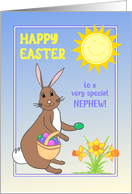 For Nephew Easter Bunny with Daffodils, Easter Eggs and Sunshine card