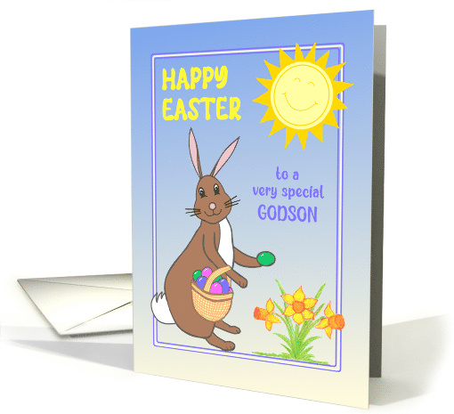 For Godson Easter Bunny with Daffodils, Easter Eggs and Sunshine card