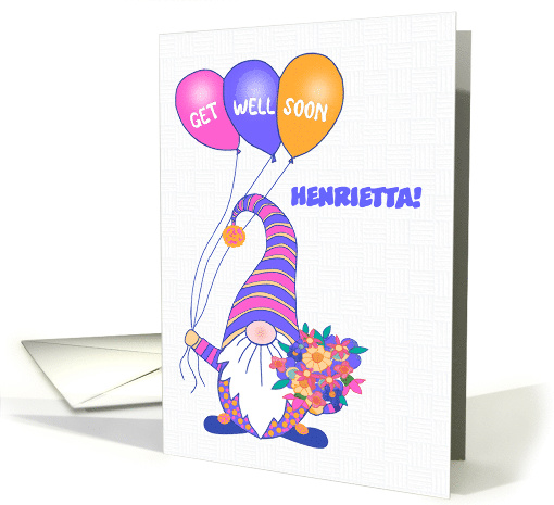 Custom Name Get Well Gnome or Tomte with Balloons and Flowers card