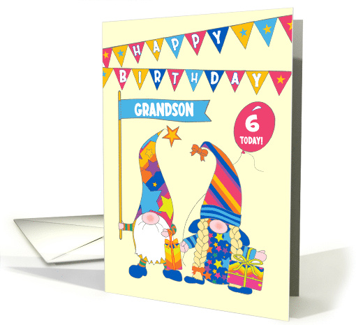 For Grandson Custom Age Birthday Gnomes with Bunting and Balloons card
