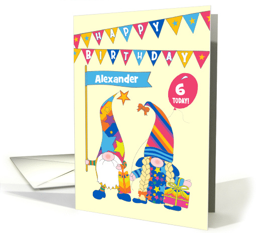 Custom Name and Age Birthday Gnomes with Bunting and Balloons card