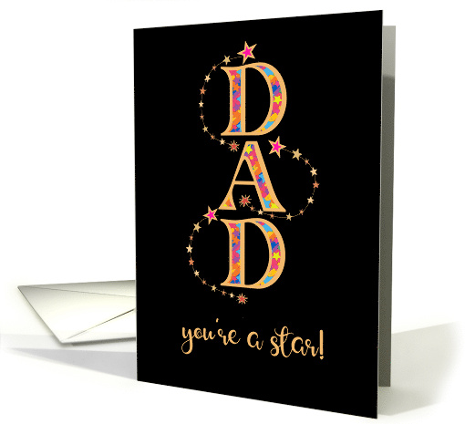 For Dad on Father's Day with Word Art Patterns and Stars on Black card