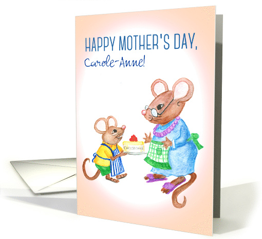 Custom Name Mother's Day Greeting with Cute Mice and Cheesecake card