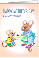 Custom Name Mother’s Day Greeting with Cute Mice and Cheesecake card