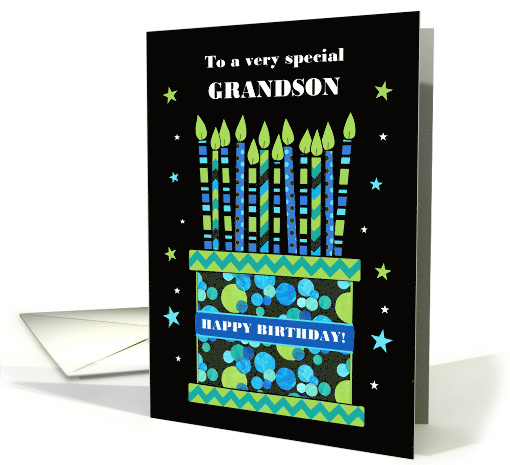 For Grandson Birthday Cake with Bright Candles and Stars card