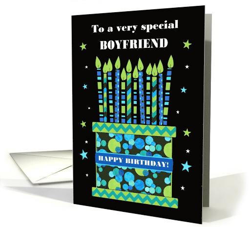 For Boyfriend Birthday Cake with Bright Candles and Stars card