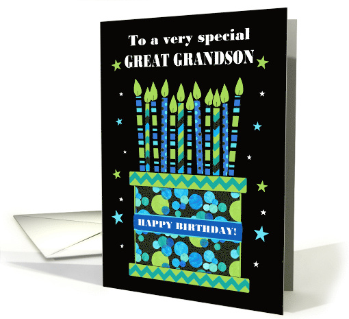 For Great Grandson Birthday Cake with Bright Candles and Stars card