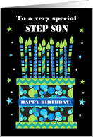 For Stepson Birthday Cake with Bright Candles and Stars card