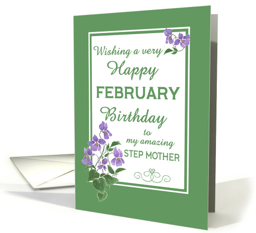 For Step Mother February Birthday with Watercolour Wood Violets card