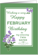 For Twin Sister February Birthday with Watercolour Wood Violets card