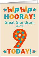 For Great Grandson 9th Birthday Bright Colours Hip Hip Hooray card
