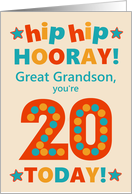 For Great Grandson 20th Birthday Bright Colours Hip Hip Hooray card
