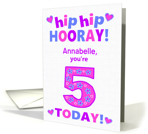Custom Name 5th Birthday Hip Hip Hooray Pretty Hearts and Flowers card
