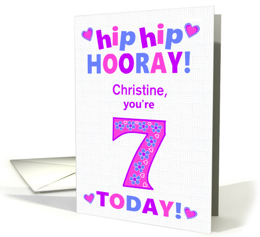 Custom Name 7th Birthday Hip Hip Hooray Pretty Hearts and Flowers card
