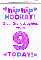 Great Granddaughter 9th Birthday Hip Hip Hooray Pretty Hearts card