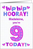 Custom Name 9th Birthday Hip Hip Hooray Pretty Hearts and Flowers card