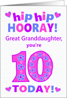 For Great Granddaughter 10th Birthday Hip Hip Hooray Pretty Hearts card