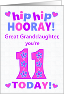 For Great Granddaughter 11th Birthday Hip Hip Hooray Pretty Hearts card
