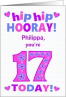 Custom Name 17th Birthday Hip Hip Hooray Pretty Hearts and Flowers card