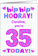 Custom Name 35th Birthday Hip Hip Hooray Pretty Hearts and Flowers card