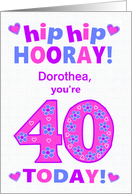 Custom Name 40th Birthday Hip Hip Hooray Pretty Hearts and Flowers card