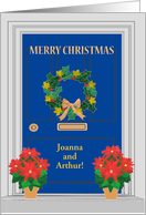 Custom Name Christmas Front Door with Holly Wreath and Poinsettias card