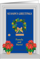 Custom Name Seasons Greetings Front Door with Holly and Poinsettias card