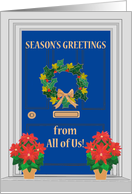 Seasons Greetings From All of Us Front Door with Holly and Poinsettias card