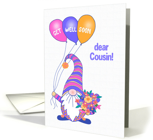 For Cousin Get Well Gnome or Tomte with Balloons and Flowers card