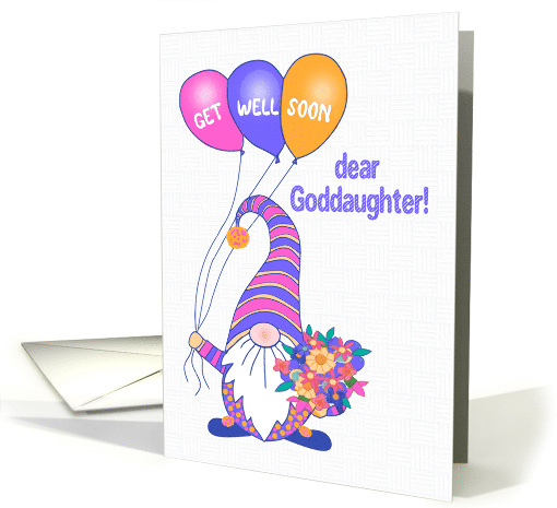 For Goddaughter Get Well Gnome or Tomte with Balloons and Flowers card