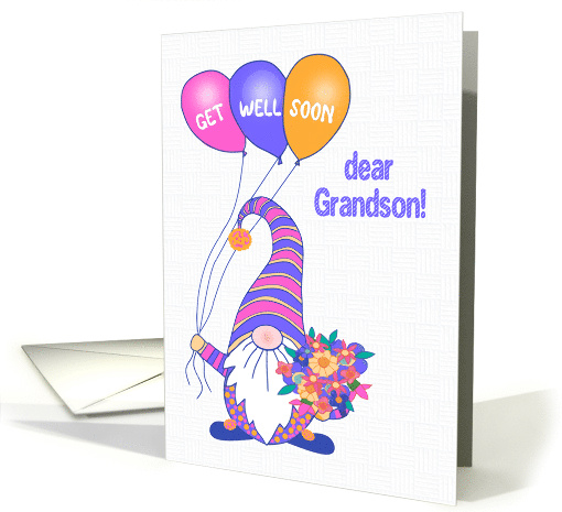 For Grandson Get Well Gnome or Tomte with Balloons and Flowers card