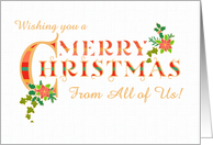 Chic Christmas Greeting From All of Us with Poinsettias Holly and Ivy card