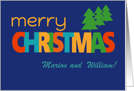 Custom Name Merry Christmas with Bright Retro Text Christmas Trees card