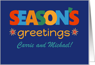 Custom Name Season’s Greetings Bright Retro Text and Stars card