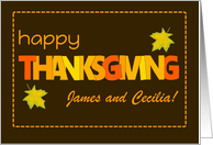 Custom Name Thanksgiving with Word Art Fall Colours and Leaves card