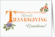 For Grandson First Thanksgiving with Fall Berries and Word Art card