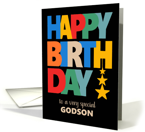 For Godson Birthday Bright Coloured Letters and Stars on Black card