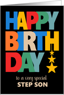 For Stepson Birthday Bright Coloured Letters and Stars on Black card