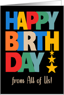 Birthday From All of Us Bright Coloured Letters and Stars on Black card