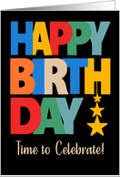 Birthday Celebrations Bright Coloured Letters and Stars on Black card