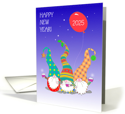 New Year in English Language with Three Cute Nordic Gnomes card