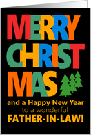 For Father in Law Merry Christmas Colorful Text and Christmas Tre card