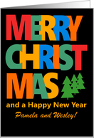 Custom Name Merry Christmas with Colorful Text and Christmas Tre card