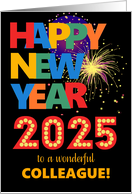 For Colleague Happy New Year Bright Lettering and Fireworks on Black card