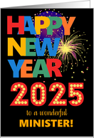 For Minister Happy New Year Bright Lettering and Fireworks card