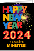 For Minister Happy New Year Bright Lettering and Fireworks card