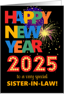 For Sister in Law Happy New Year Bright Lettering and Fireworks card