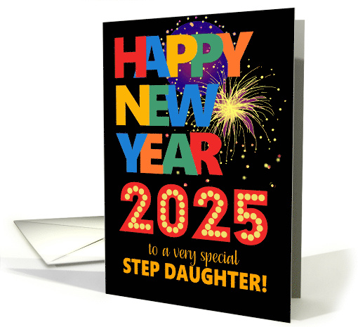 For Stepdaughter Happy New Year Bright Lettering and Fireworks card