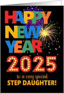 For Stepdaughter Happy New Year Bright Lettering and Fireworks card