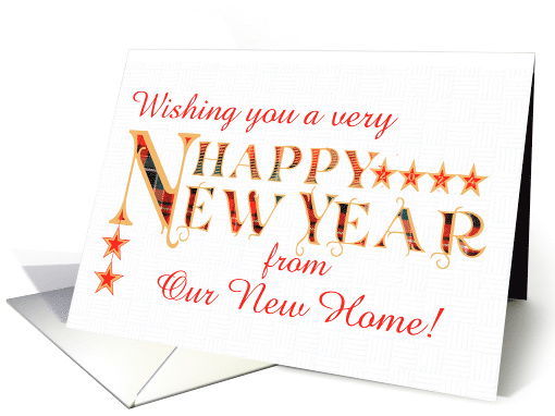Happy New Year From Our New Home with Tartan Word Art and Stars card